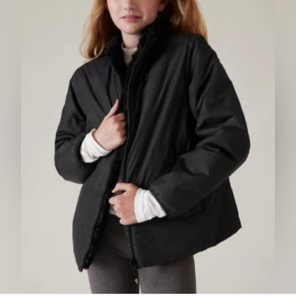 Athleta Girl Reversible Puffer Jacket Size Large (12) Full Zip Warm+Fuzzy Black